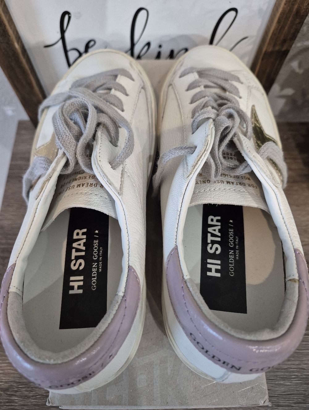 NEW Golden Goose Hi Star White Leather Sneaker with Gold Star and Pink Heel - Picture 6 of 10
